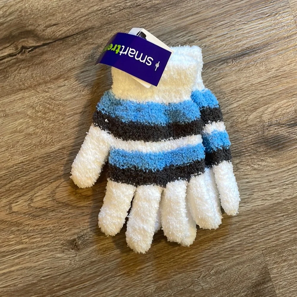 NWT Smarttrend Blue, White & Black Striped Fuzzy Gloves